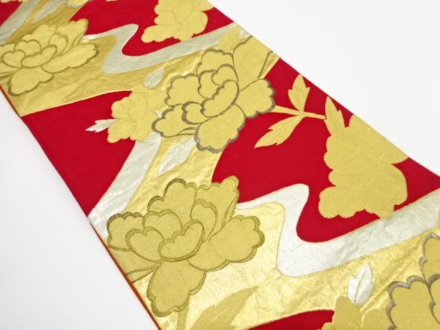 JAPANESE KIMONO / ANTIQUE FUKURO OBI / SILK / WOVEN STREAM & PEONY